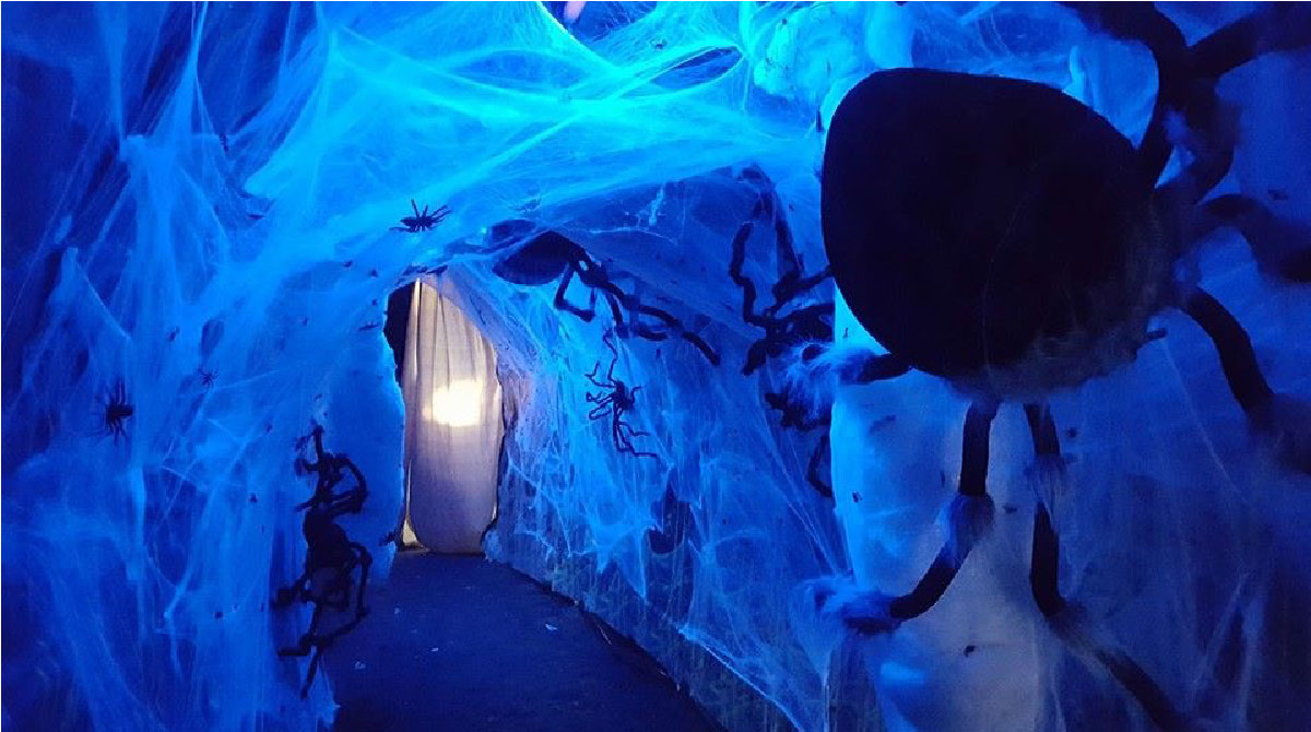 A giant spider crawls through the cobwebs inside the haunted house
