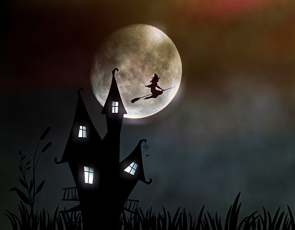 A witch flies past a full moon on a broomstick